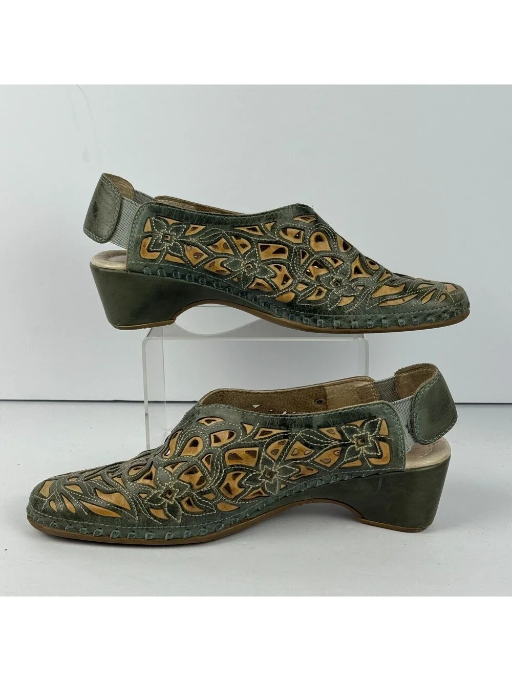 Pikolinos Romana Womens Size 37 Sling Back Wedge Sandals Green Tan Leather